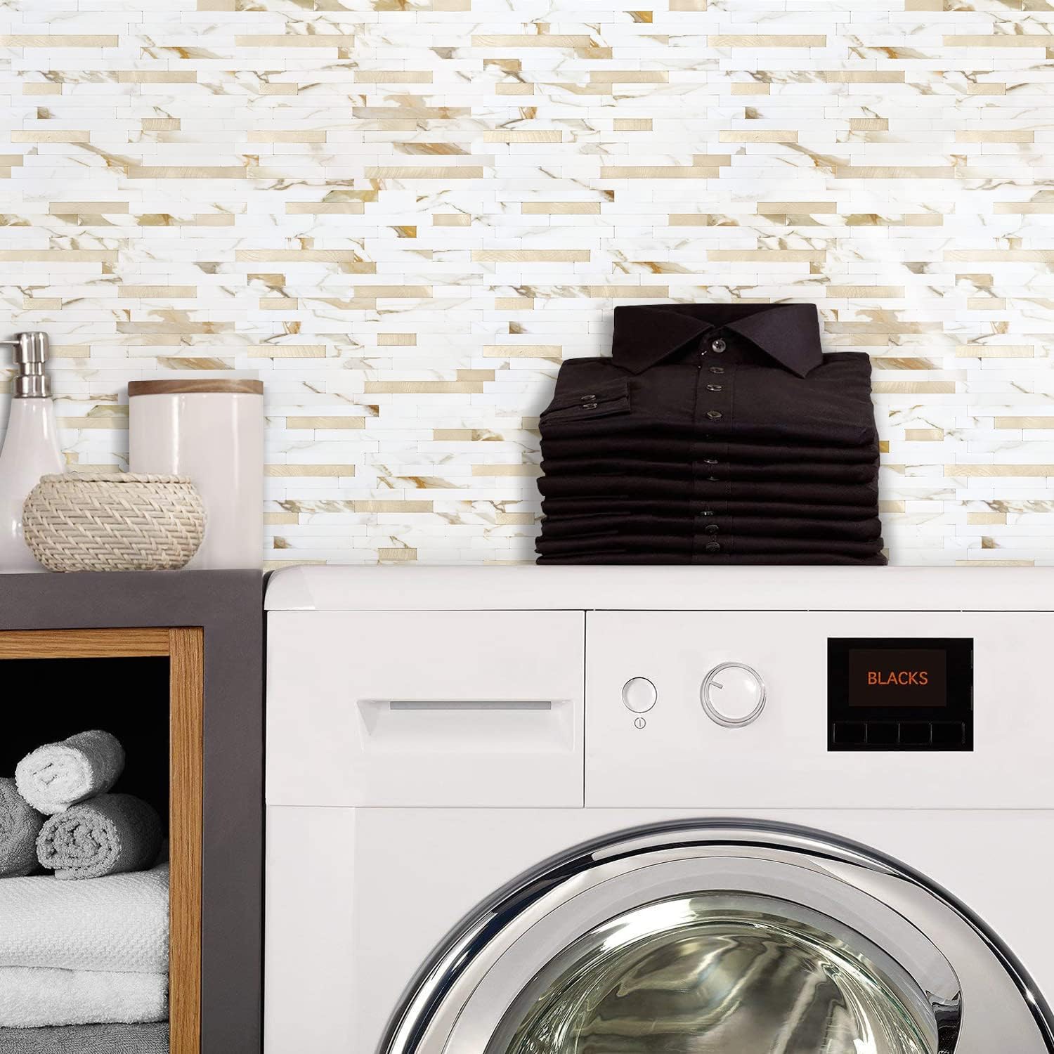 10 Sheets Peel and Stick Backsplash Tile for Kitchen/Bathroom/Laundry Room/Fireplace/RV, Marble Calacata with Metal Gold