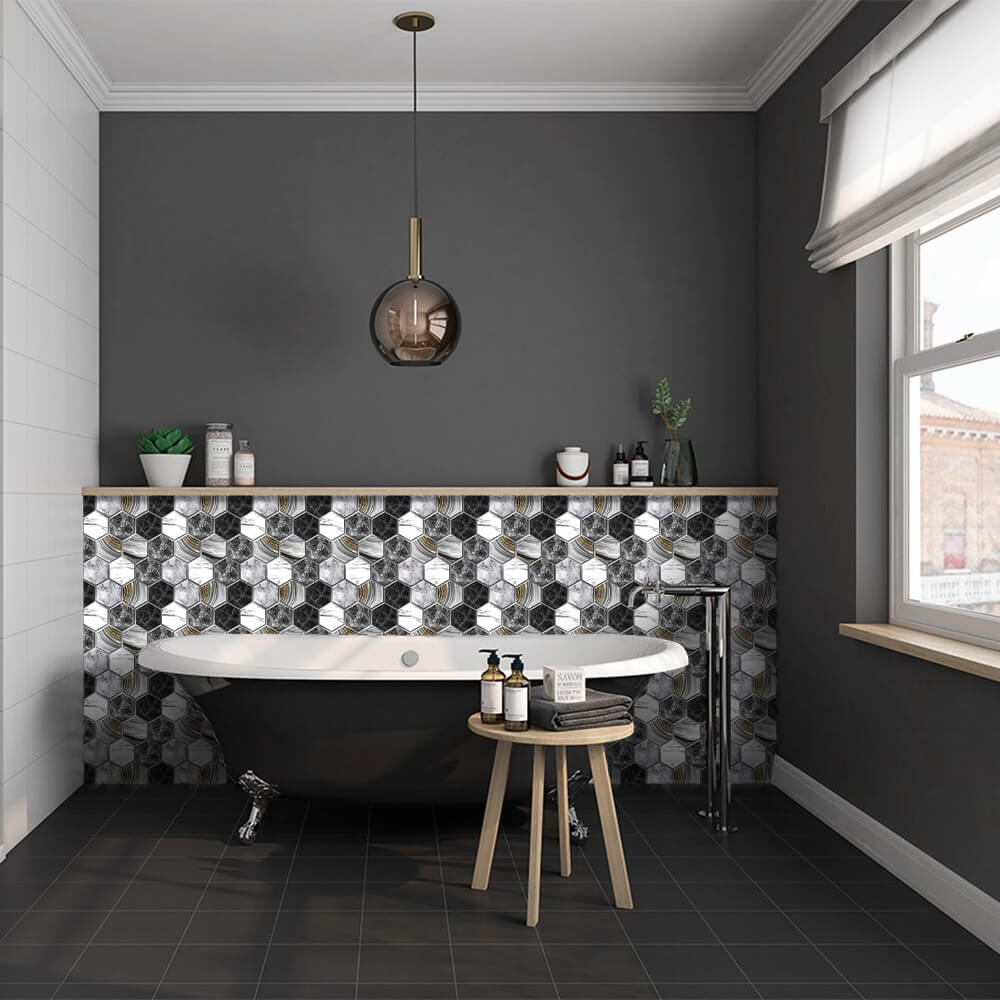 3D Black Marble Hexagon Peel and Stick Wall Tile