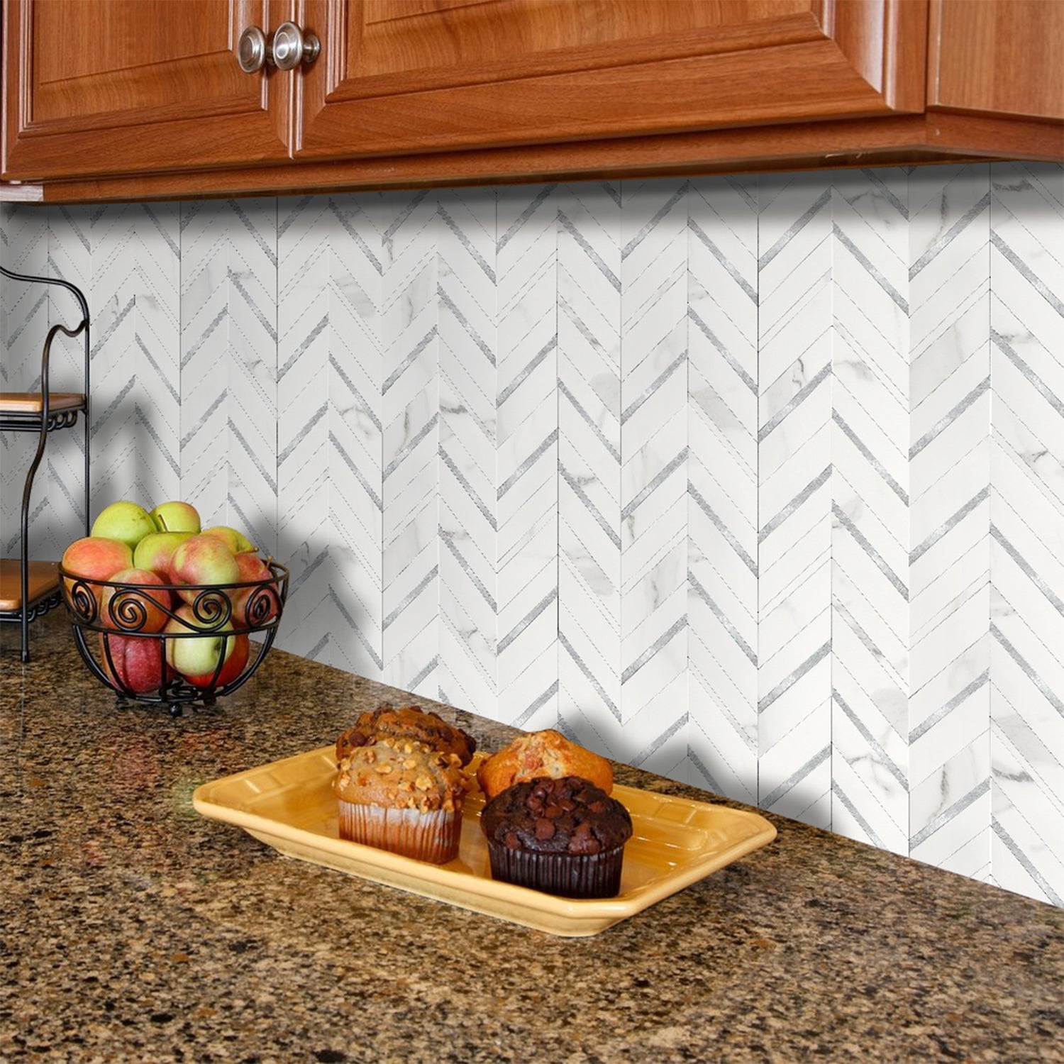 Herringbone Wall Tiles - White Marble Mixed Silver