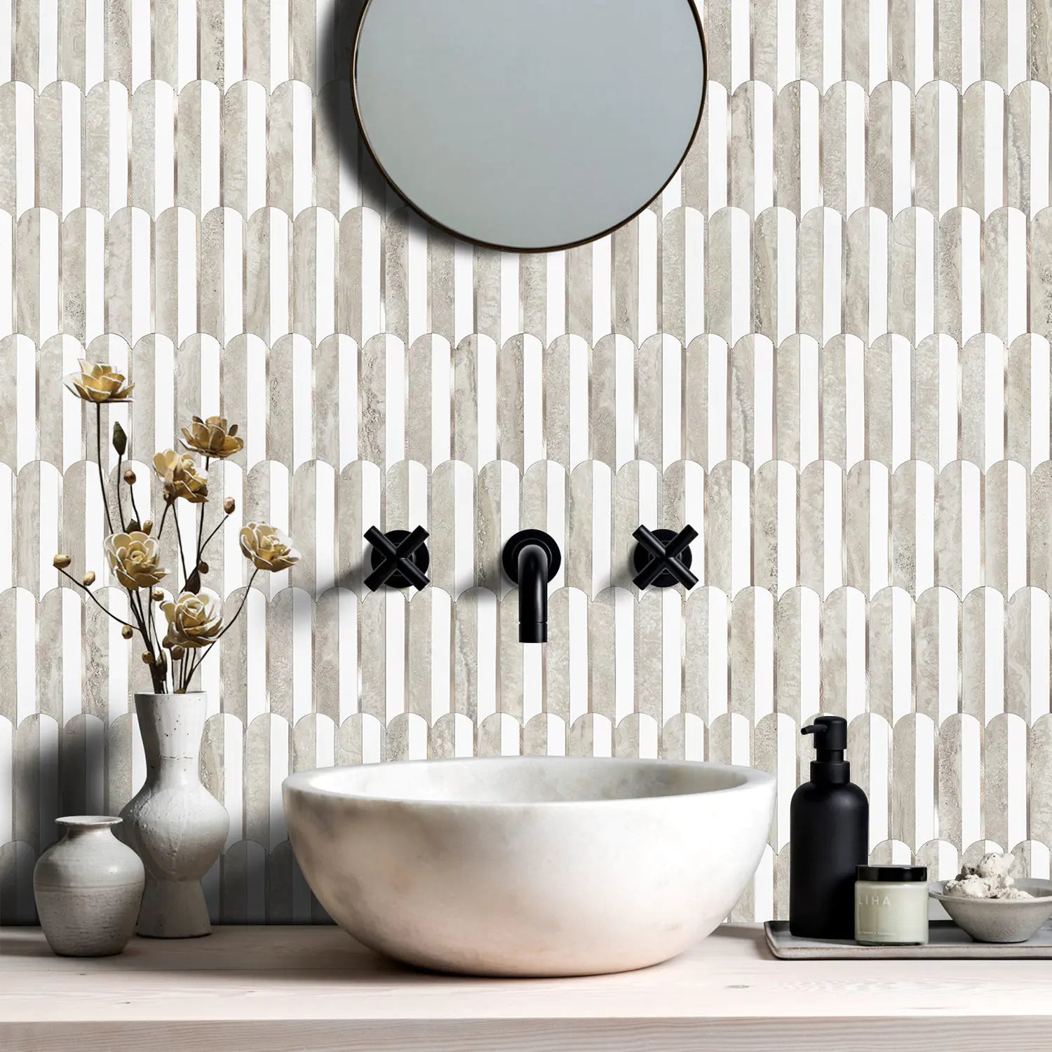 Oval PVC Mixed Metal Mosaic Tile - Beige Slate & White With Gold