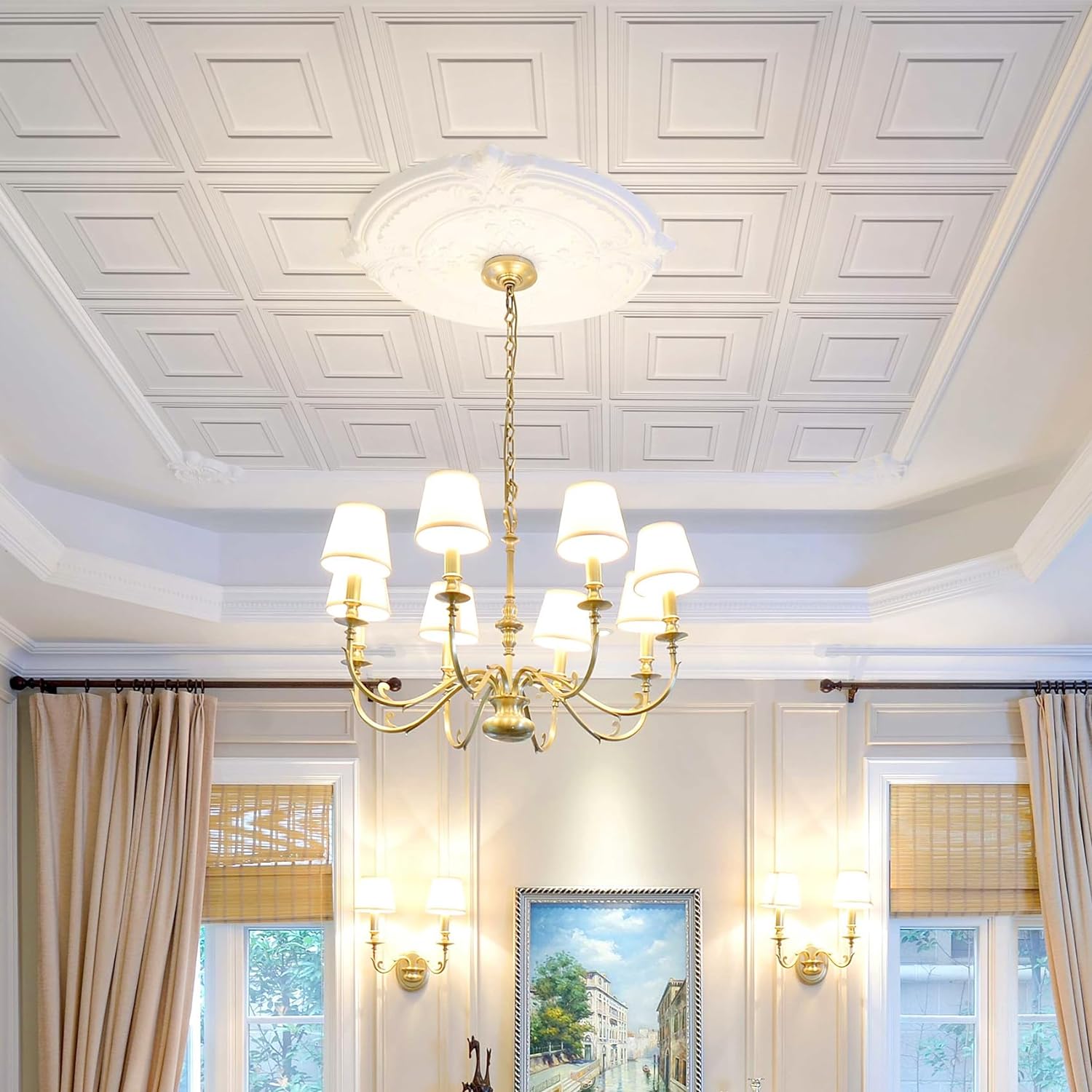 Coffered Decorative PVC Ceiling Tile - White