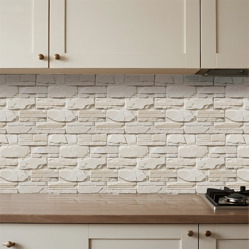 3D Embossed White & Cream Tone Stone Peel and Stick Wall Tile