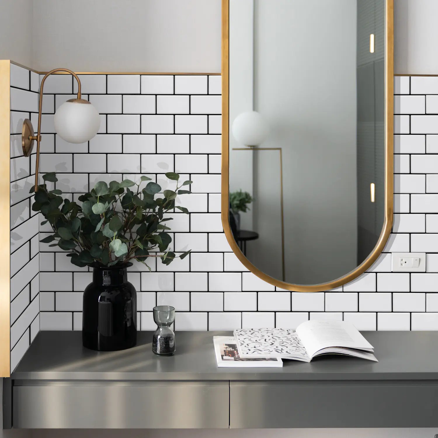 Subway Tiles Peel and Stick Thicker Design - Cold White with Black Grout