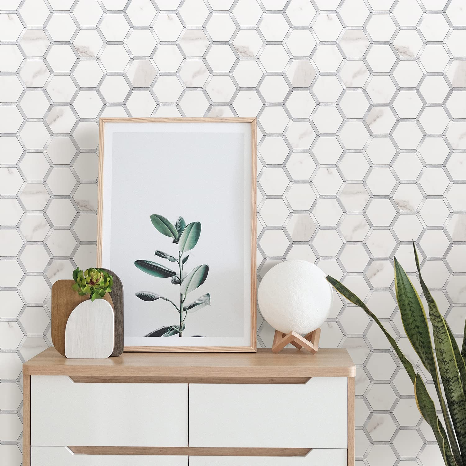 Hexagon Faux Stone Mixed Metal - Staturio White Marble With Metal Silver