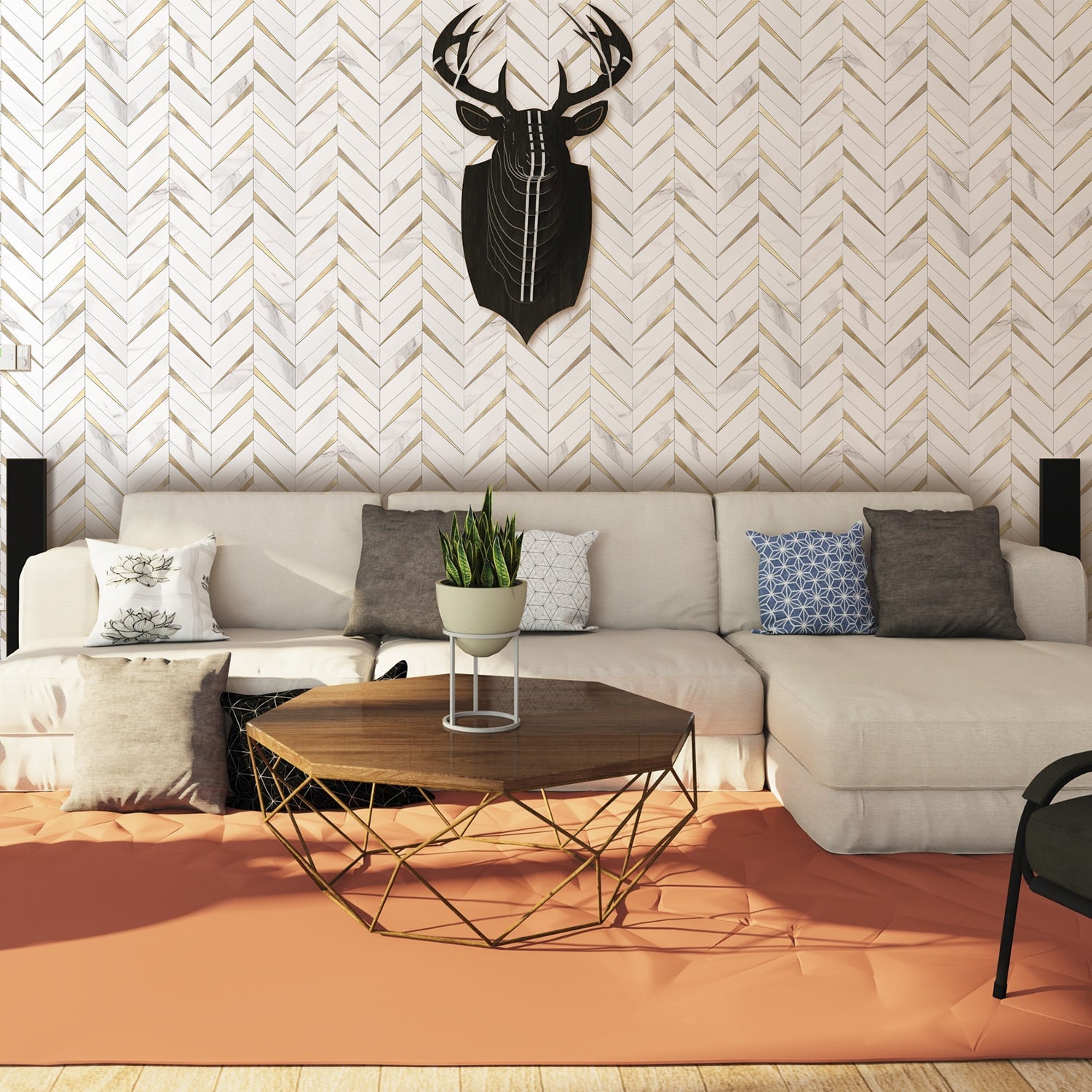 Herringbone Wall Tiles - White Marble Mixed Gold