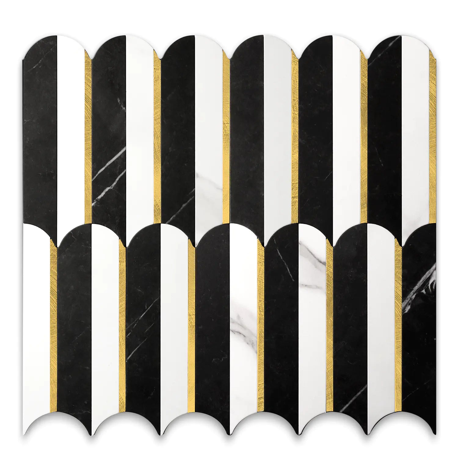 Oval PVC Mixed Metal Mosaic Tile - Black & White Marble With Gold