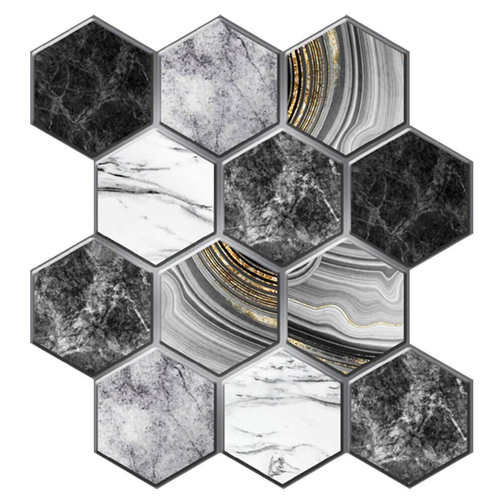 3D Black Marble Hexagon Peel and Stick Wall Tile