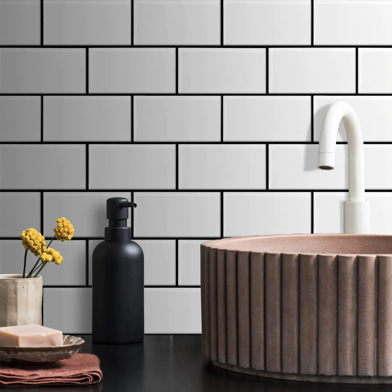 Subway Tile Peel and Stick Backsplash - White with Black Grout