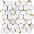 Hexagon PVC Mixed Metal Mosaic Tiles - White Marble with Metal Gold