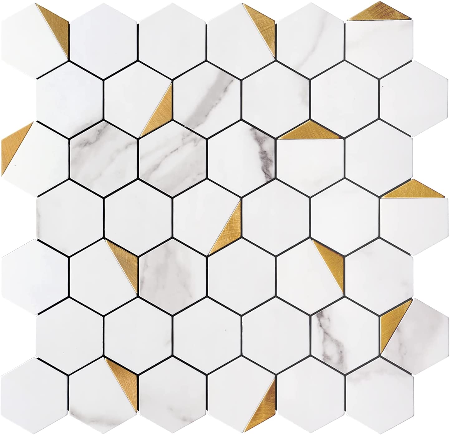 Hexagon PVC Mixed Metal Mosaic Tiles - White Marble with Metal Gold