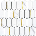 Long Hexagon PVC Mixed Metal Mosaic Tiles - Statuary Marble Look with Gold Metal
