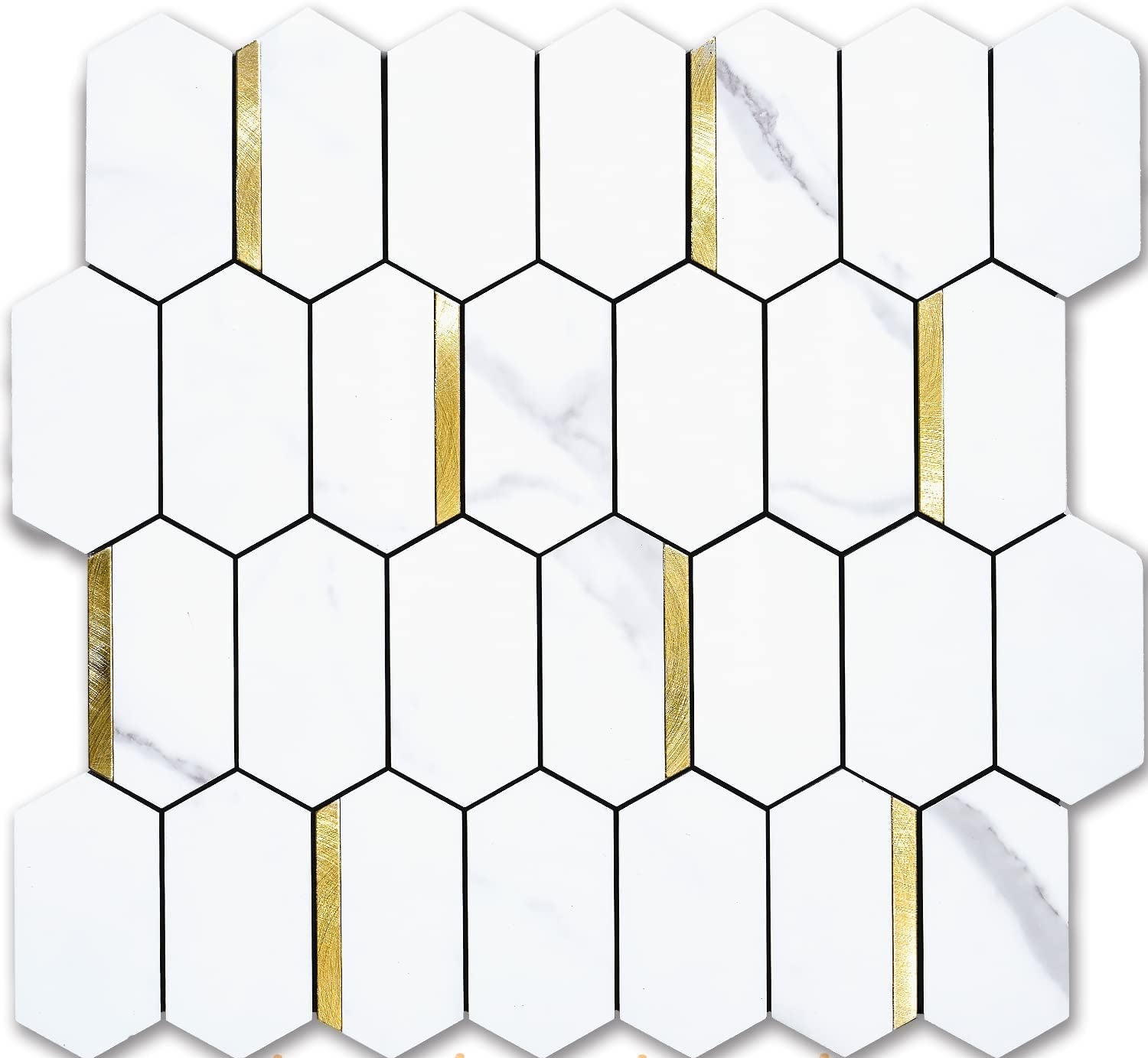 Long Hexagon PVC Mixed Metal Mosaic Tiles - Statuary Marble Look with Gold Metal