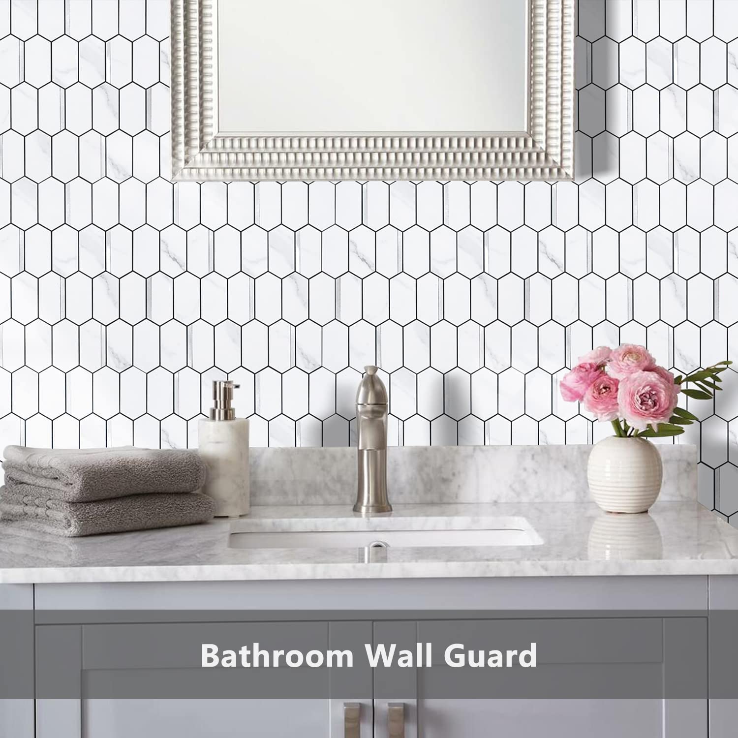 Long Hexagon PVC Mixed Metal Mosaic Tiles -  Statuary Marble Look with Silver White Metal