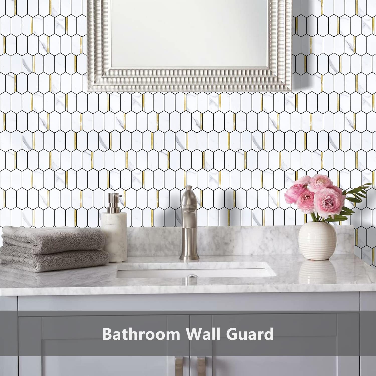 Long Hexagon PVC Mixed Metal Mosaic Tiles - Statuary Marble Look with Gold Metal