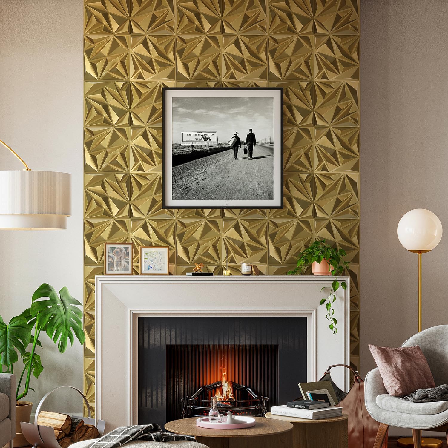 Triangle Diamond Design 3D PVC Wall Panels - Brushed Gold