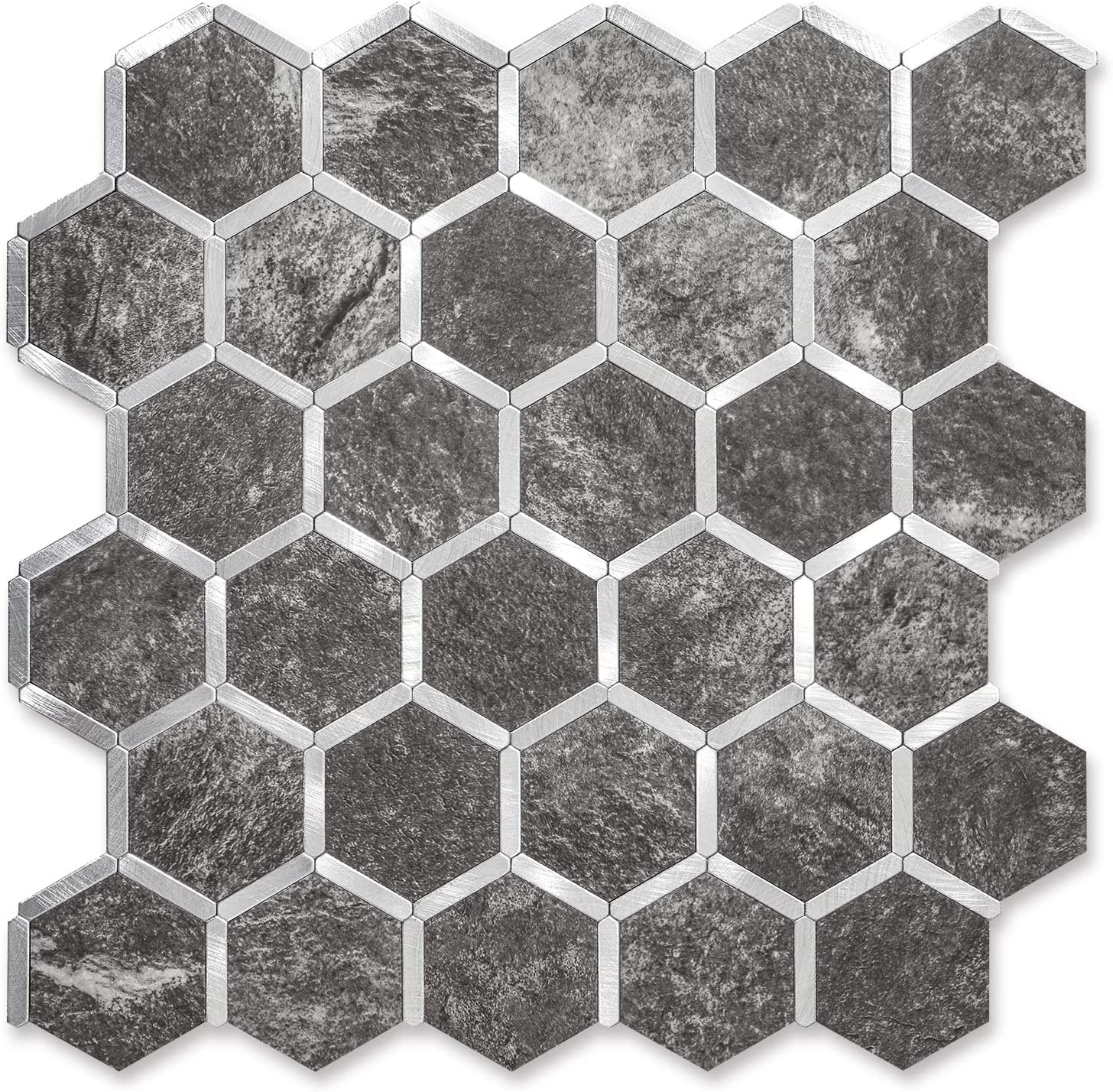 Hexagon Faux Stone Mixed Metal - Black Slate with Metal Silver