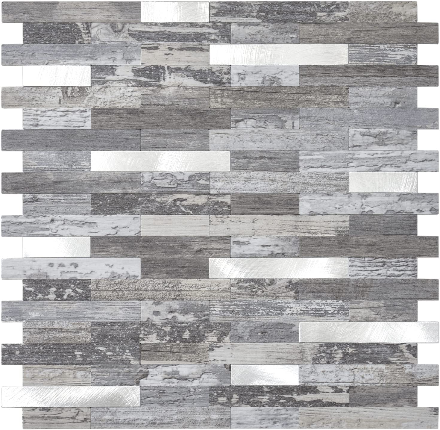 Faux Stone Mixed Metal Linear Blend - Distressed Wood with Metal Silver