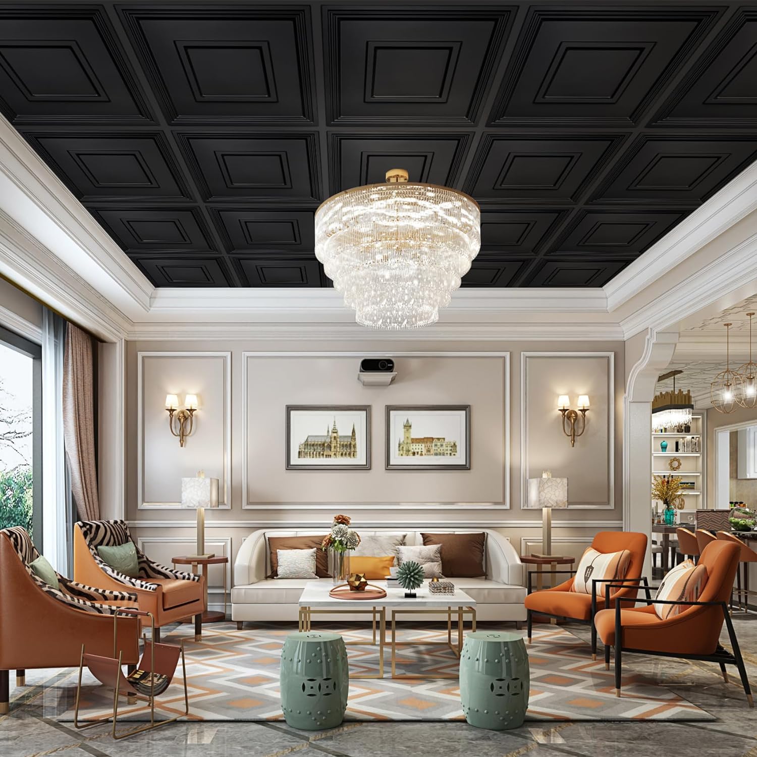 Coffered Decorative PVC Ceiling Tile - Black