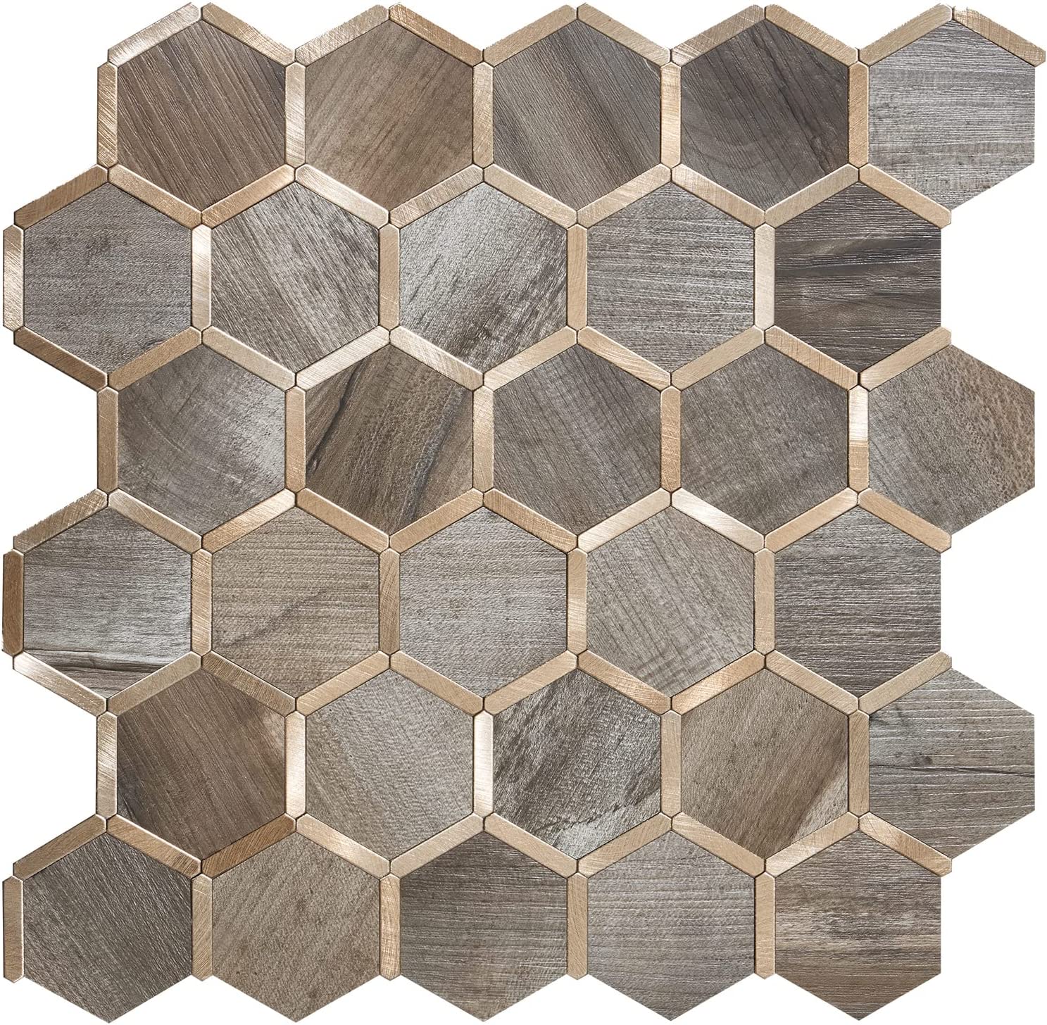 Hexagon Faux Stone Mixed Metal - Wood Texture with Metal Gold