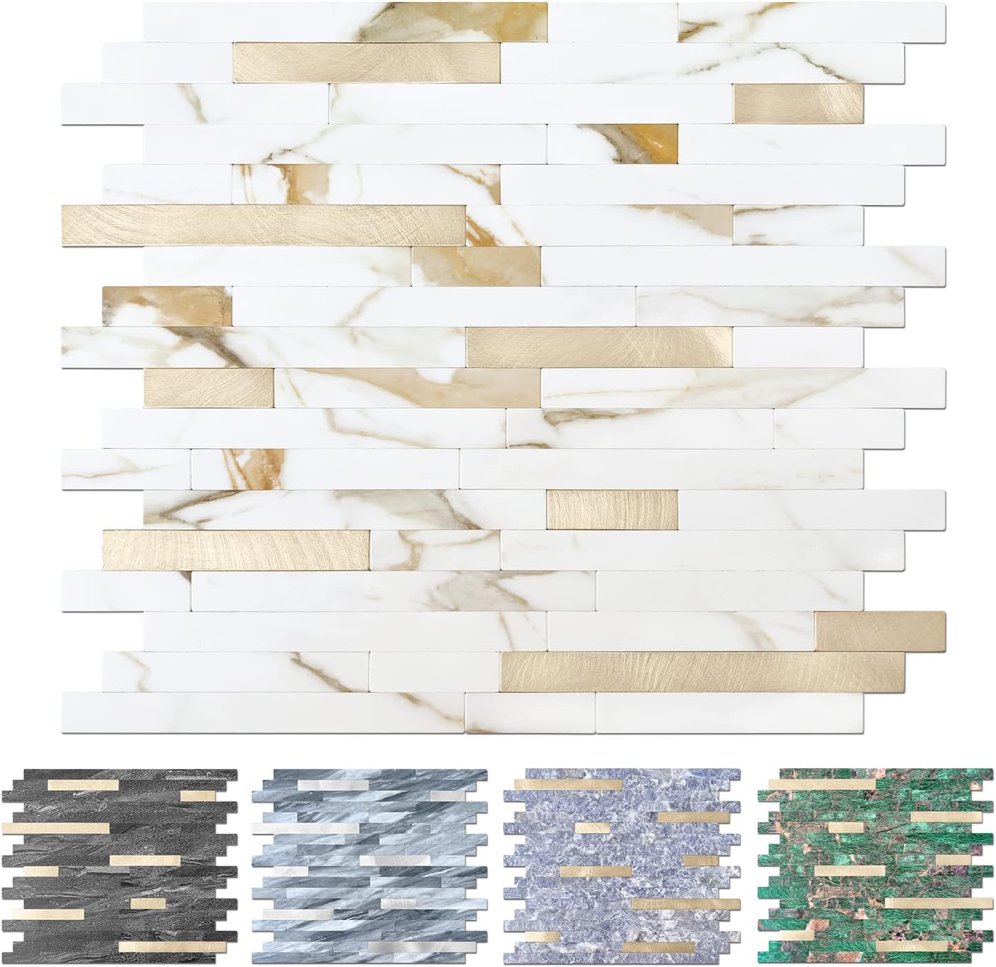 10 Sheets Peel and Stick Backsplash Tile for Kitchen/Bathroom/Laundry Room/Fireplace/RV, Marble Calacata with Metal Gold