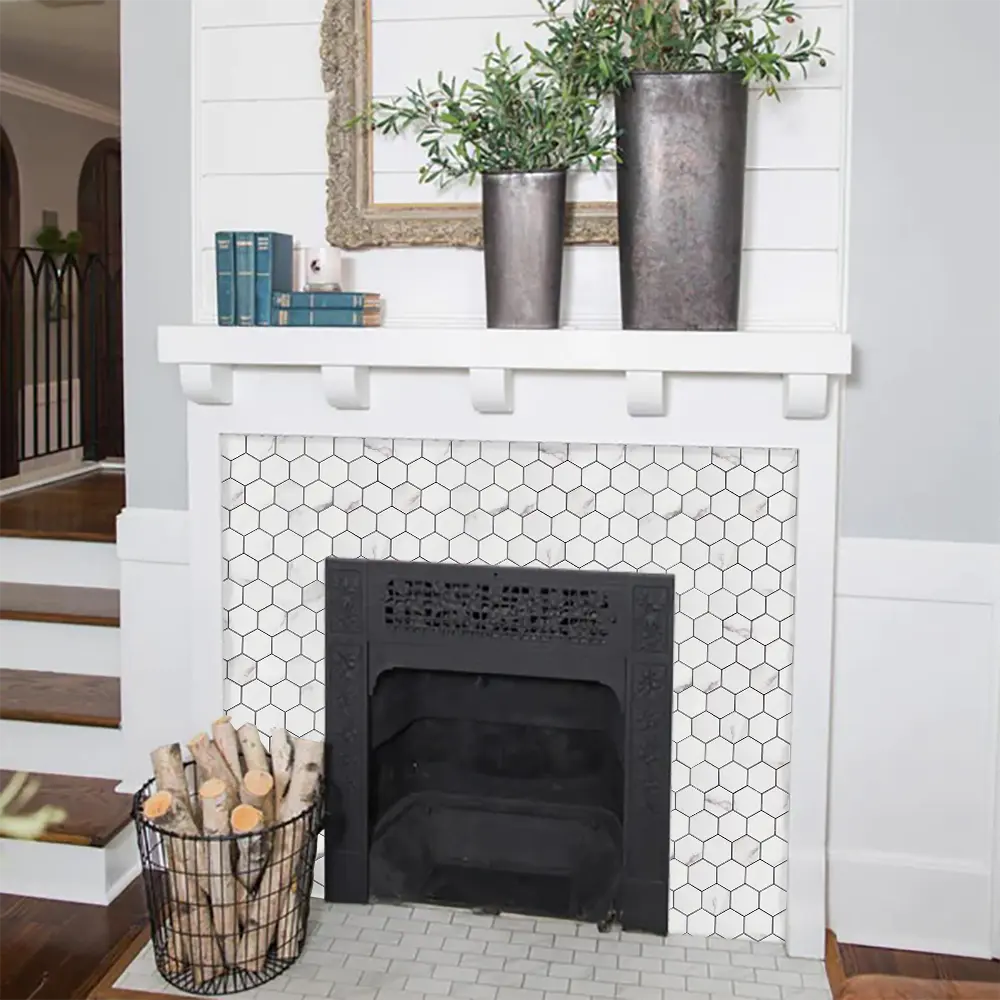 Hexagon PVC Mixed Metal Mosaic Tiles -  White Marble